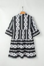 Load image into Gallery viewer, Black Geometric Print V Neck Ruffled Dress - Fashion Queen - 6