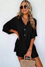 Load image into Gallery viewer, Black Half Button Collared Loose Romper - Fashion Queen - 7