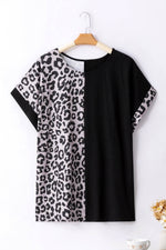 Load image into Gallery viewer, Black Half Leopard Patchwork Plus Size T-shirt - Fashion Queen - 8