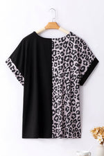 Load image into Gallery viewer, Black Half Leopard Patchwork Plus Size T-shirt - Fashion Queen - 9