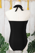 Load image into Gallery viewer, Black Halter Mesh Insert Cross Front One-Piece Swimsuit - Fashion Queen - 10