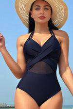 Load image into Gallery viewer, Black Halter Mesh Insert Cross Front One-Piece Swimsuit - Fashion Queen - 15