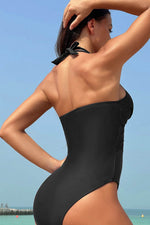 Load image into Gallery viewer, Black Halter Mesh Insert Cross Front One-Piece Swimsuit - Fashion Queen - 2