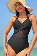 Load image into Gallery viewer, Black Halter Mesh Insert Cross Front One-Piece Swimsuit - Fashion Queen - 3