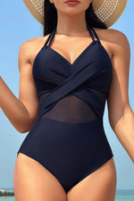 Load image into Gallery viewer, Black Halter Mesh Insert Cross Front One-Piece Swimsuit - Fashion Queen - 4