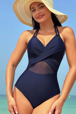 Load image into Gallery viewer, Black Halter Mesh Insert Cross Front One-Piece Swimsuit - Fashion Queen - 6