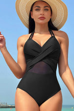 Load image into Gallery viewer, Black Halter Mesh Insert Cross Front One-Piece Swimsuit - Fashion Queen - 7
