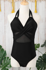 Load image into Gallery viewer, Black Halter Mesh Insert Cross Front One-Piece Swimsuit - Fashion Queen - 8