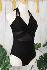 Load image into Gallery viewer, Black Halter Mesh Insert Cross Front One-Piece Swimsuit - Fashion Queen - 9