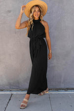 Load image into Gallery viewer, Black Halter Neck Pleated Wide Leg Jumpsuit with Belt - Fashion Queen - 3