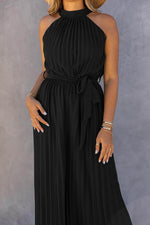 Load image into Gallery viewer, Black Halter Neck Pleated Wide Leg Jumpsuit with Belt - Fashion Queen - 4