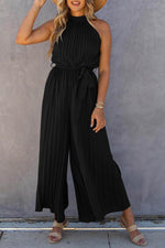Load image into Gallery viewer, Black Halter Neck Pleated Wide Leg Jumpsuit with Belt - Fashion Queen - 5