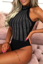 Load image into Gallery viewer, Black High Neck Sleeveless Diamante Bodysuit - Fashion Queen - 9