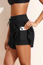 Load image into Gallery viewer, Black High Waisted Drawstring 2-in-1 Side Pocket Color Block Bikini Shorts - Fashion Queen - 3