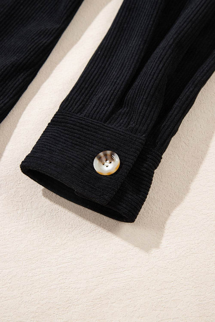 Black Hooded Drawstring Pockets Corduroy Shacket - Fashion Queen -  18
