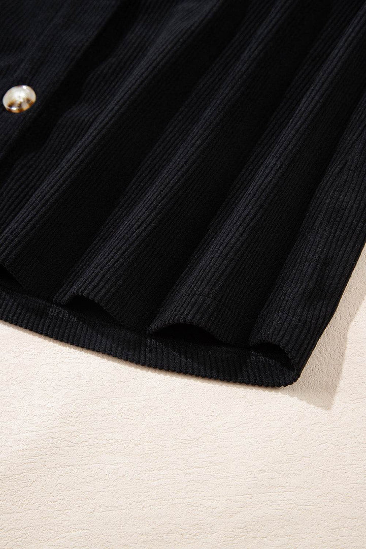 Black Hooded Drawstring Pockets Corduroy Shacket - Fashion Queen -  19