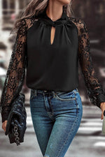 Load image into Gallery viewer, Black Keyhole Neckline Floral Lace Raglan Sleeve Blouse - Fashion Queen - 1