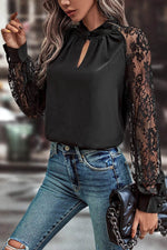 Load image into Gallery viewer, Black Keyhole Neckline Floral Lace Raglan Sleeve Blouse - Fashion Queen - 3
