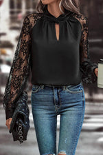 Load image into Gallery viewer, Black Keyhole Neckline Floral Lace Raglan Sleeve Blouse - Fashion Queen - 4