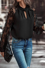 Load image into Gallery viewer, Black Keyhole Neckline Floral Lace Raglan Sleeve Blouse - Fashion Queen - 5