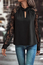 Load image into Gallery viewer, Black Keyhole Neckline Floral Lace Raglan Sleeve Blouse - Fashion Queen - 6
