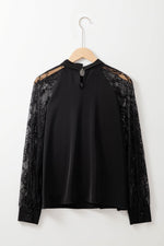 Load image into Gallery viewer, Black Keyhole Neckline Floral Lace Raglan Sleeve Blouse - Fashion Queen - 7