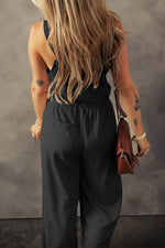 Load image into Gallery viewer, Black Knotted Straps Button Textured Drawstring Jumpsuit - Fashion Queen -  2