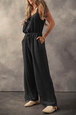 Load image into Gallery viewer, Black Knotted Straps Button Textured Drawstring Jumpsuit - Fashion Queen -  3