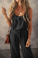 Load image into Gallery viewer, Black Knotted Straps Button Textured Drawstring Jumpsuit - Fashion Queen -  4
