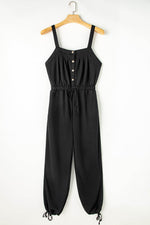 Load image into Gallery viewer, Black Knotted Straps Button Textured Drawstring Jumpsuit - Fashion Queen -  5