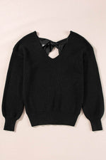 Load image into Gallery viewer, Black Lantern Sleeve V Neck Knot Back Sweater - Fashion Queen - 13