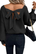 Load image into Gallery viewer, Black Lantern Sleeve V Neck Knot Back Sweater - Fashion Queen - 19