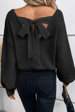 Load image into Gallery viewer, Black Lantern Sleeve V Neck Knot Back Sweater - Fashion Queen - 3