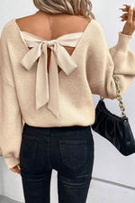 Load image into Gallery viewer, Black Lantern Sleeve V Neck Knot Back Sweater - Fashion Queen - 7