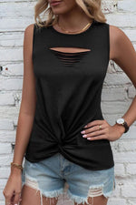Load image into Gallery viewer, Black Laser Cut Slits Twist Front Tank Top - Fashion Queen - 9