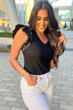 Load image into Gallery viewer, Black Leatherette Ruffle Patchwork Ribbed V Neck Bodysuit - Fashion Queen - 10