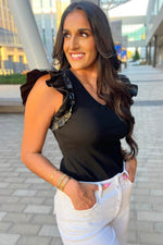 Load image into Gallery viewer, Black Leatherette Ruffle Patchwork Ribbed V Neck Bodysuit - Fashion Queen - 11