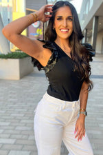 Load image into Gallery viewer, Black Leatherette Ruffle Patchwork Ribbed V Neck Bodysuit - Fashion Queen - 12