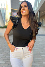 Load image into Gallery viewer, Black Leatherette Ruffle Patchwork Ribbed V Neck Bodysuit - Fashion Queen - 13