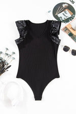 Load image into Gallery viewer, Black Leatherette Ruffle Patchwork Ribbed V Neck Bodysuit - Fashion Queen - 14