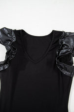 Load image into Gallery viewer, Black Leatherette Ruffle Patchwork Ribbed V Neck Bodysuit - Fashion Queen - 19
