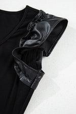 Load image into Gallery viewer, Black Leatherette Ruffle Patchwork Ribbed V Neck Bodysuit - Fashion Queen - 20