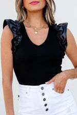 Load image into Gallery viewer, Black Leatherette Ruffle Patchwork Ribbed V Neck Bodysuit - Fashion Queen - 6