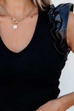 Load image into Gallery viewer, Black Leatherette Ruffle Patchwork Ribbed V Neck Bodysuit - Fashion Queen - 7