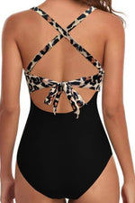 Load image into Gallery viewer, Black Leopard 2-tone Crossed Cutout Backless Monokini - Fashion Queen - 2