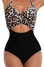 Load image into Gallery viewer, Black Leopard 2-tone Crossed Cutout Backless Monokini - Fashion Queen - 3