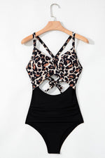 Load image into Gallery viewer, Black Leopard 2-tone Crossed Cutout Backless Monokini - Fashion Queen - 6