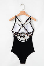 Load image into Gallery viewer, Black Leopard 2-tone Crossed Cutout Backless Monokini - Fashion Queen - 7