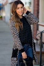 Load image into Gallery viewer, Black Leopard Patched Pocket Open Front Cardigan - Fashion Queen - 11