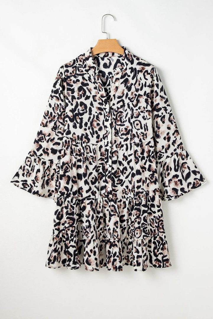 Black Leopard Print Buttoned Front 3/4 Sleeve Tiered Ruffled Hem Dress - Fashion Queen -  11